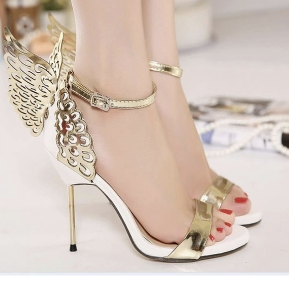 Butterfly pumps Gold Peep Toe Stiletto High Heels Sz 8.5 EU 39 - Picture 2 of 12